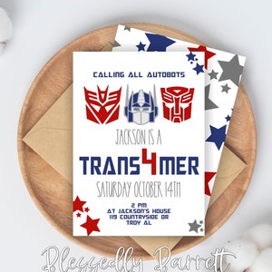 Transformers Birthday | Trans4mer | Autobots | Robot | Bumble Bee | Optimus Prime | Mega Tron | Red White Blue | Digital File