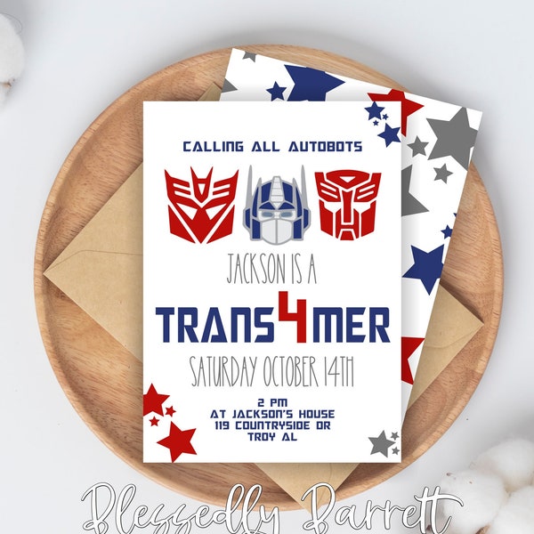Transformers Geburtstag | Trans4mer | Autobots | Roboter | Hummel | Optimus Prime | Mega Tron | Rot Weiß Blau | Digitale Datei