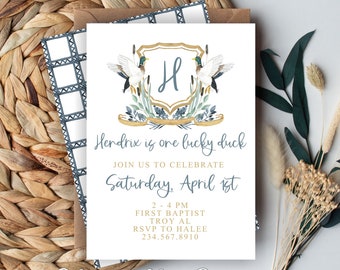 Lucky Duck Birthday | Watercolor | Mallard | Hunting Party | Crest | Monogram | First Birthday | Digital Invitation