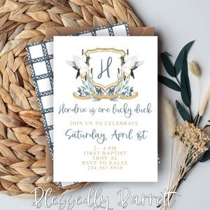 Lucky Duck Birthday Watercolor Mallard Hunting Party Crest Monogram First Birthday Digital Invitation image 1