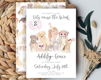 Girly BIRTHDAY invitation | Puppy | Dog | Little girl and dog | Pawty | Girl Puppy Party | Come Sit Stay | Raise the Woof | Hippie Birthday