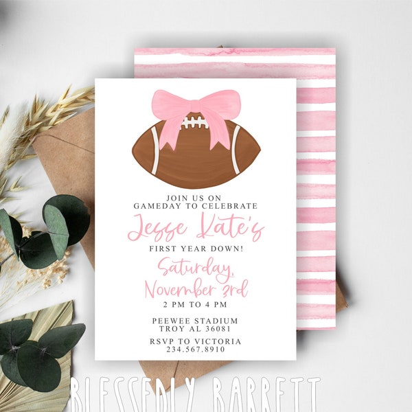 First Year Down | Pink Bow Football Birthday Invitation | Big One | Fall Girl Birthday | Pink Bow | Football | Touch Down | Digital File