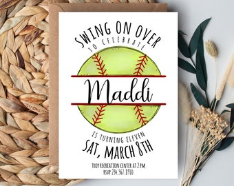 Softball Birthday Invitation, Swing on Over, Girl Sports Party Invite, Printable, Editable Template, Digital Download, Corjl