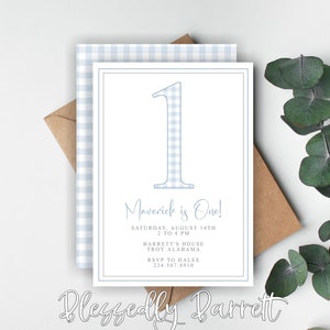 Invitación de cumpleaños de Blue Gingham / Minimalista / 1er cumpleaños / Simple / Sin tema / Imprimible