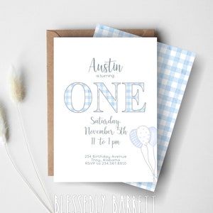 UNA invitación de cumpleaños de Gingham azul / Minimalista / 1er cumpleaños / 2o cumpleaños / Invitación de bebé / Imprimible