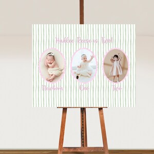 Grandmillennial Pink Green Picture Milestone Sign, Scallop Crest, 1st Birthday, 2nd Birthday, Seersucker, Printable Sign for 2nd Birthday