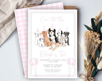 Girly BIRTHDAY invitation | Puppy | Dog | Little girl and dog | Pawty | Girl Puppy Party | Come Sit Stay | Raise the Woof | Pink Gingham