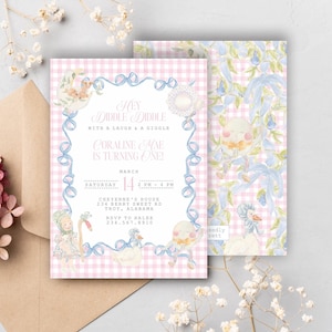 May include: A birthday invitation with a pink gingham background and blue ribbon accents. The invitation includes the text "Hey Diddle Diddle" and details for the event. A matching patterned card is also present.