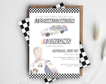 Talladega Birthday | If you ain&#39;t first | First Birthday | Shake and Bake | Race Car Invitation | Black Checkered | Digital Invitation