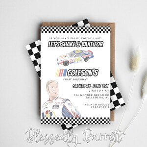 Talladega-verjaardag | Als je niet de eerste bent | Eerste verjaardag | Schudden en bakken | Uitnodiging raceauto | Zwart geblokt | Digitale uitnodiging