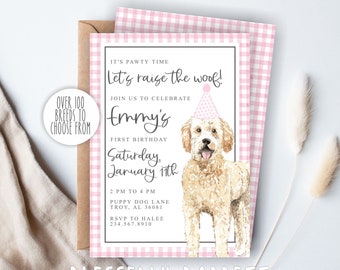 CHOISISSEZ VOTRE CHIEN | Invitation personnalisée | Plus de 100 chiens au choix | Pawty | Vichy rose | Fête de chien | Griffonnage d'or | Invitation numérique