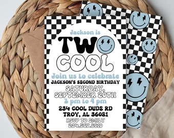 May include: A black and white checkered birthday invitation with a blue and white smiley face design. The invitation says "Jackson is Two Cool" and includes details for a birthday party.