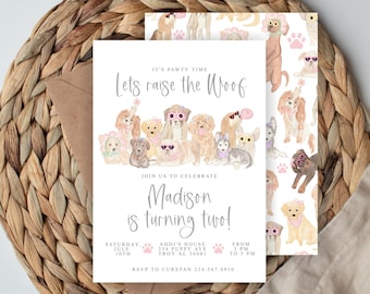 Girly Dog Birthday Invitation, Preppy puppies, Two Let the Dog out, Printable Editable Digital Invite