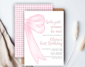 Girls just want to be ONE invitation | Coquette Bow | First Birthday | Watercolor | Pink Gingham | Wanna Have Fun | Classic Grandmillenial