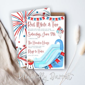 May include: Red, white, and blue birthday party invitation with a watercolor illustration of fireworks, a pool float, and a grill. The text reads "Red White & Two", "Splish Splash Join Us For Barrett's 2nd Birthday Bash", "Saturday, June 17th", "2 PM to 4 PM", "The Hendrix House", "231 Waterslide Ln Troy Alabama", "RSVP to Halee", "234.567.8910", and "Blessedly Barrett".