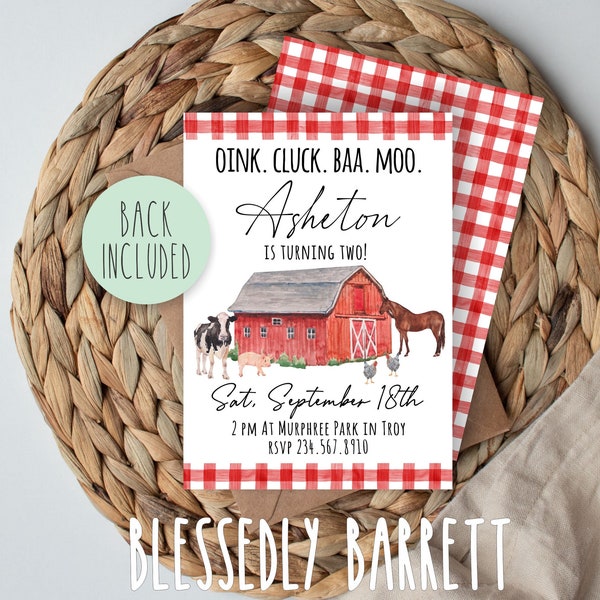 FARM Birthday Invitation | Oink Cluck Baa Moo | Red Barn | Old  McDonald | Barnyard Animals | Red Plaid | INSTANT DOWNLOAD