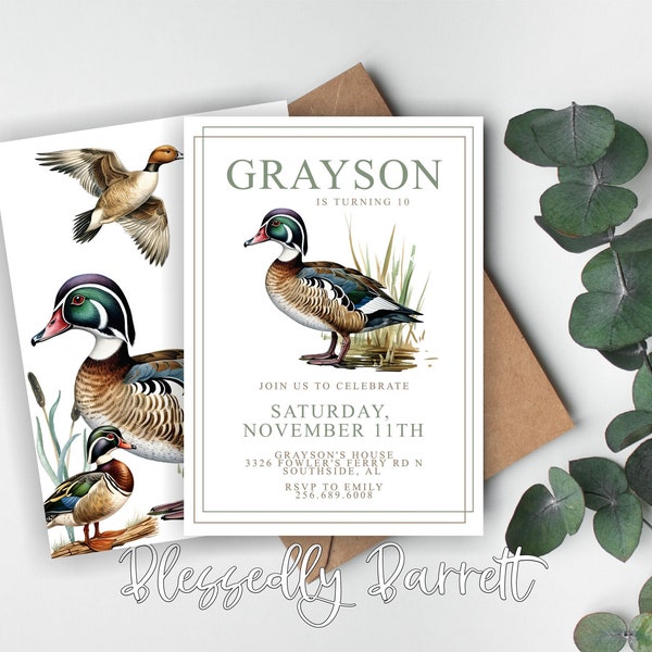 Mallrd Duck Birthday | Watercolor | Mallard | Hunting Party | Hunter Jr | Monogram | Teen Boy Birthday | Digital Invitation