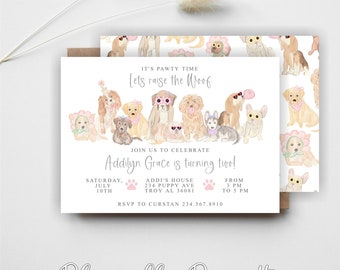 Girly BIRTHDAY invitation | Puppy | Dog | Little girl and dog | Pawty | Girl Puppy Party | Come Sit Stay | Raise the Woof | Hippie Birthday