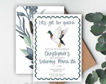 Lucky Duck Birthday | Watercolor | Mallard | Hunting Party | Crest | Monogram | First Birthday | Digital Invitation