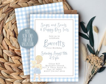 BIRTHDAY invitation | Puppy | Dog | Snips and Snails | Pawty | 1st Birthday | Come Sit Stay | Blonde | Dog and Boy | DIGITAL FILE