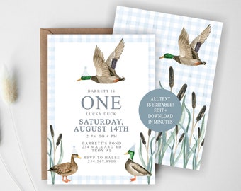 Lucky Duck Birthday | Blue Gingham | Mallard | Hunting Party | Crest | Monogram | First Birthday | Digital Invitation