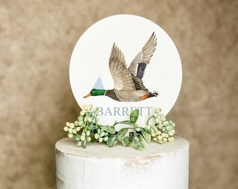Mallard Cake Topper | Lucky Duck Birthday | Blue Gingham | Hunting Party | Crest | Monogram | 1st Birthday | HAS A MATCHING INVITATION