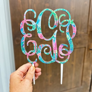 Lilly Palm Tree Pattern Cake Topper Monogram, Summer Birthday, Pre-teen, Sweet 16, Beach Party Decor