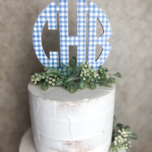 Grandmillennial Cake Topper, Gingham Monogram, Birthday Cake Decor, Script and Circle Monogram, Pink Blue Green, Wedding Topper