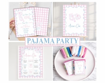 We haven't slept ONE bit Birthday Bundle, Pajama Party, Pink and Blue, Grandmillennial, Custom Digital Printable for First Birthday