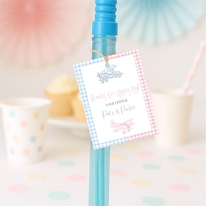 Könnte beinhalten: Eine blaue Seifenblasenflasche mit einem Etikett mit der Aufschrift "Thanks for flying by!" mit Flugzeugillustrationen. Das Etikett hat einen blau-rosa Vichy-Rand. Der Hintergrund enthält Pastelldekorationen.