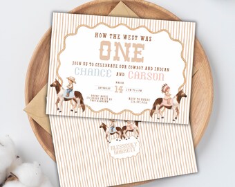 How the West was ONE Birthday Invitation for TWINS, Boy Girl Cowboy Indian Pow Wow, Western Style, Sibling Theme, Custom Editable Template
