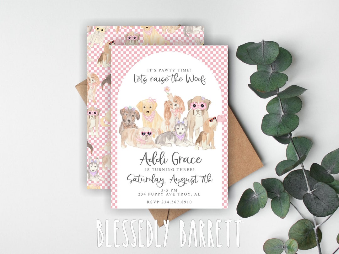 Girly BIRTHDAY Invitation | Puppy | Dog | Pink Checkered | Pawty | Girl ...