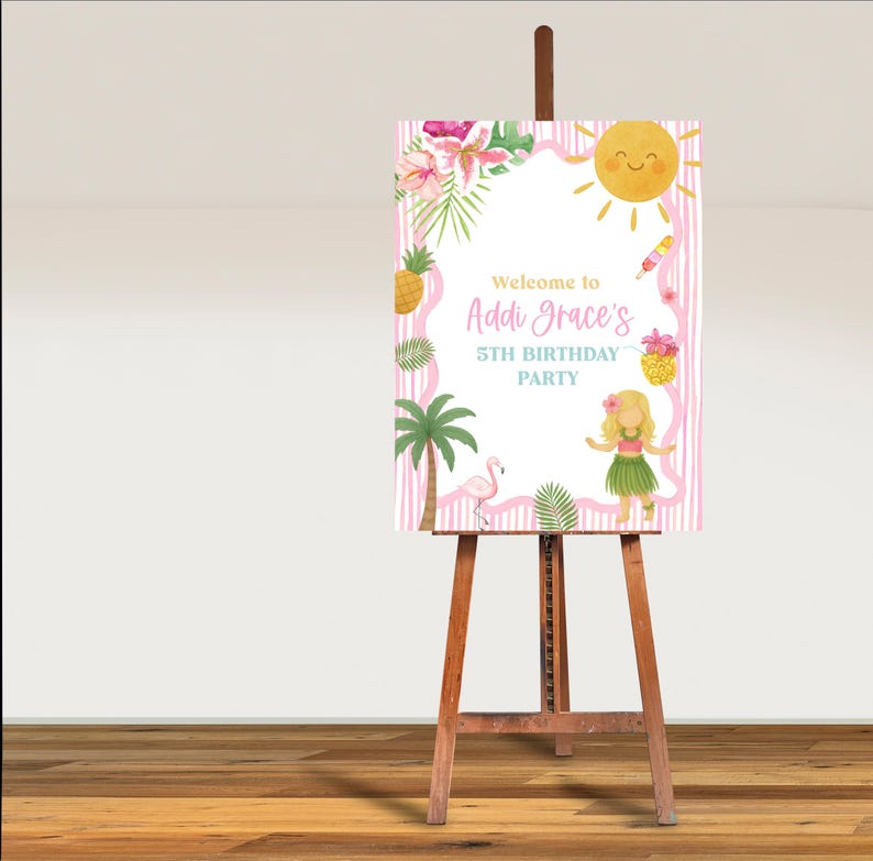 Hula Lessons Signs Grandmillennial Pink Summer Hula Girl Milestone Sign, Fun in the Sun ...