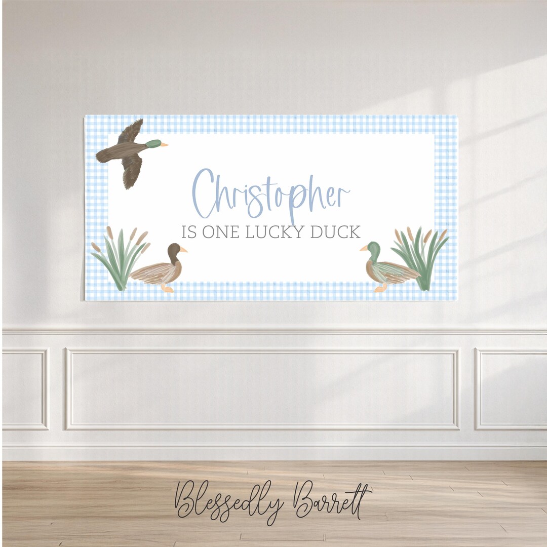 One Lucky Duck Paper Banner, Blue Gingham With Hand-drawn Mallard Ducks ...