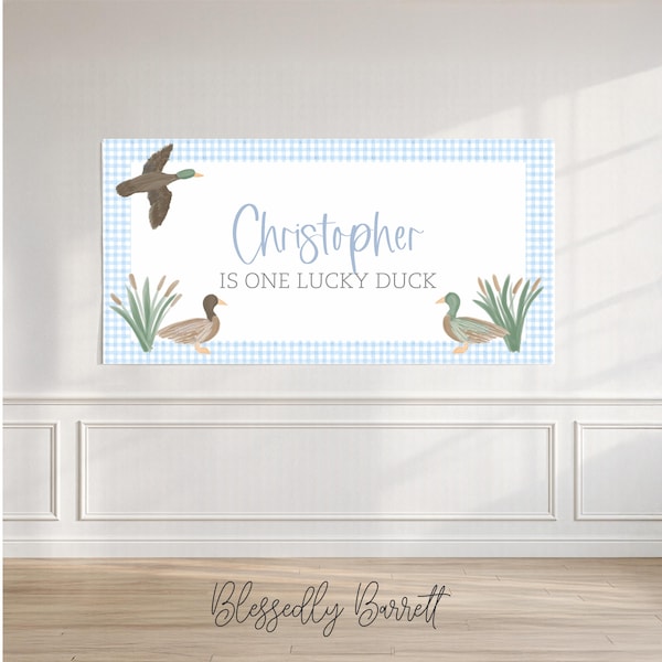 One Lucky Duck Paper Banner, Blue Gingham with Hand-drawn Mallard ducks, printed on white paper, Party Decor