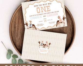How the West Was One for Twins, Printed Invitations onHigh Quality linen, Includes Envelopes, Western, Cowboys and Indians, Sibling Party