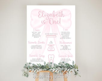May include: A pink and white printable first birthday milestone poster with a bow at the top. The poster includes the name Elizabeth, the text "is One!" and details about the child's first year, including height, weight, favorite books, songs, and foods.