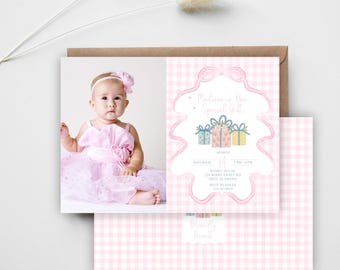 Grandmillennial Every day is a Gift Birthday Invite, Gingham Flower Gifts, One Special Gift, First Birthday, Picture Birthday Invitation