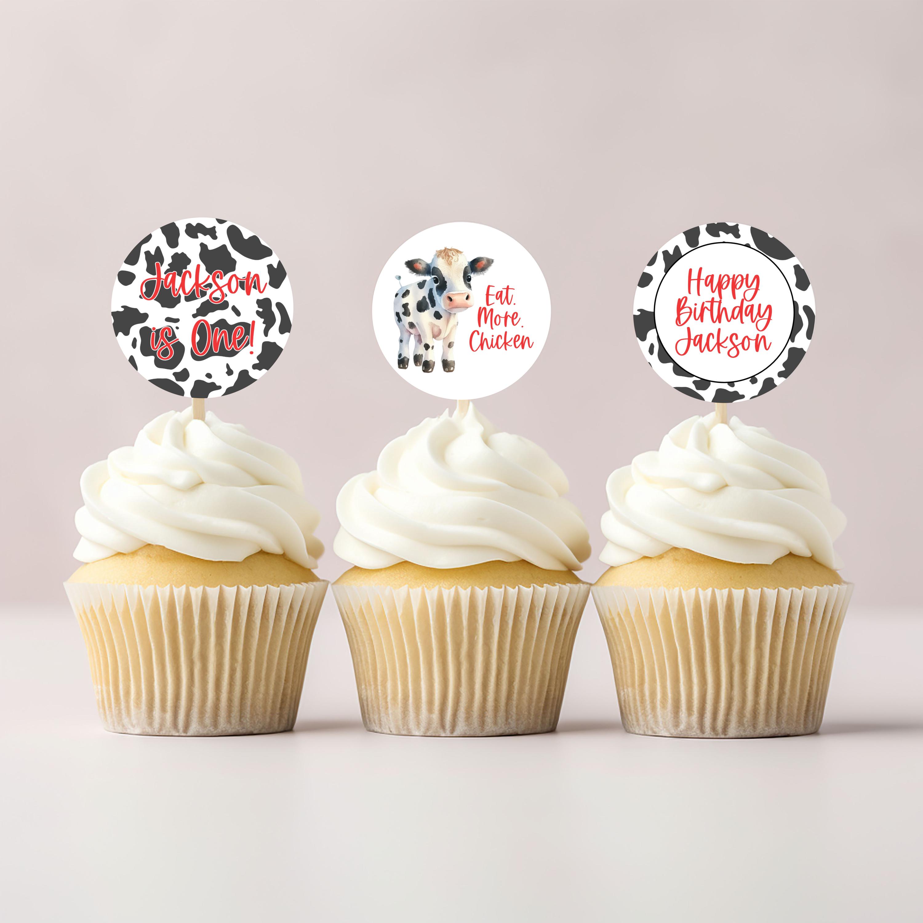 Eat More Cake Birthday Cupcake Toppers | Holy Cow I'm One | Eat Chicken | Our Little Nugget Is One | Cow Party | Chicken Nugget | Printable