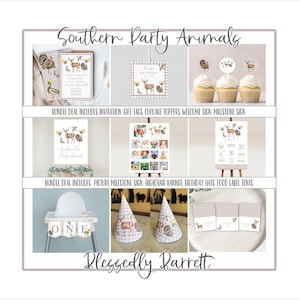 May include: A printable party bundle with a woodland animal theme. The bundle includes an invitation, gift tags, cupcake toppers, a welcome sign, a milestone sign, a picture milestone sign, a highchair banner, birthday hats, food label tents, and more. The design features a brown, white, and green color scheme with illustrations of deer, rabbits, and other woodland animals.