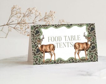 Hunting Birthday Food Tent Labels, Southern boy, Mallard Duck and Bucks, Camo Ammo, First Birthday, Customizable Template, Printable Digital