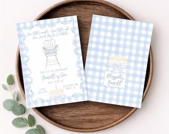 One Little Candle Birthday Invitation, Classic Cake Party, Blue Gingham, Grandmillennial, Hand-painted Digital Printable