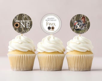 Adornos para cupcakes de cumpleaños con temática de caza de pavos, pavo salvaje, el grandullón, primera cacería, plantilla digital personalizable imprimible.