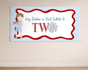 Patriotic Boy Paper Banner, Red White and Two, Customizable Party Decor, Blue Gingham, Grandmillennial Style