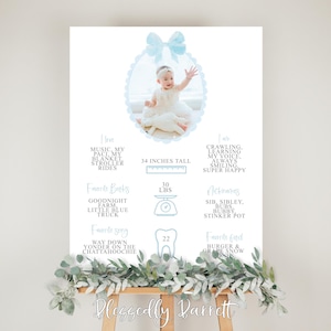 Blue Bow Floral Picture Milestone Sign | Coquette Bow | 1st Birthday | Watercolor | Blue Scallop | Wanna Have Fun ONE | Grandmillennial