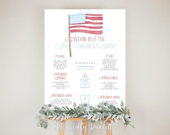 May include: A white poster with a red, white, and blue watercolor American flag at the top. The poster is decorated with blue and red text and graphics. The text reads "Baylor is one All American Boy!" and includes details about the baby, such as their height, weight, favorite books, and food.