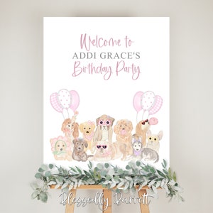 Girly Birthday Welcome Sign | Little girl and dog | Pawty | Girl Puppy Party | Come Sit Stay | Editable Welcome Sign |  Has Matching Invite