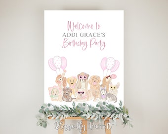 Girly Birthday Welcome Sign | Little girl and dog | Pawty | Girl Puppy Party | Come Sit Stay | Editable Welcome Sign |  Has Matching Invite