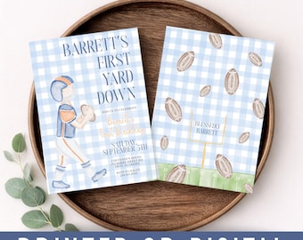Blue and Orange Football Invitation, Tailgate Party, First Year Down, 2nd Year Down, State, Grandmillennial, Printed Linen Invites