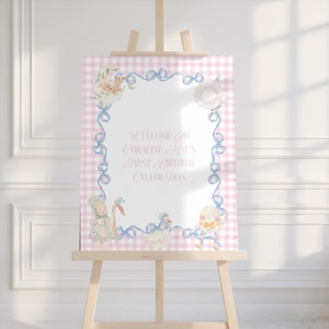 Placa de boas-vindas "Hey Diddle Diddle Mother Goose", rimas infantis rosa, arte digital personalizada e editável, desenhada à mão.